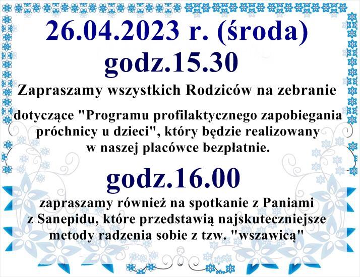 Zapraszamy na zebranie 26.04.2023 r. godz. 15.30