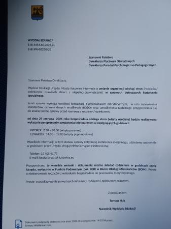 Informacje o zmianie  organizacji obsługi w sprawach dotyczących kształcenia specjalnego